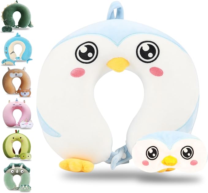 Sexysamba Cartoon Headrest & Neck Pillow for Kids Boys & Girls, Teens, Travel Accessories for Airplane, Car, Recline, Memory Foam Cute Travel Pillow with Sleep Eye Mask - Penguin by Sexysamba
