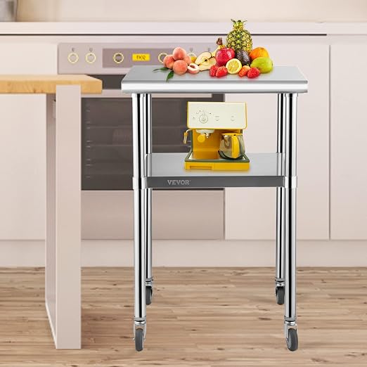 VEVOR Stainless Steel Prep Table, 24 x 24 x 33.5 Inch, 600lbs Load Capacity Heavy Duty Metal Worktable with Adjustable Undershelf & Universal Wheels, Commercial Workstation for Kitchen Garage Backyard - Image 2