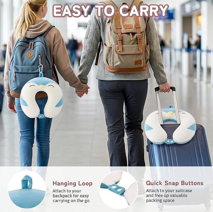 Memory Foam Travel Neck Pillow for Teens and Adults, Penguin Design | Removable cover, machine washable, 360-degree head & chin support, 17 in neck size for teens and adults, car & airplane use - Image 5