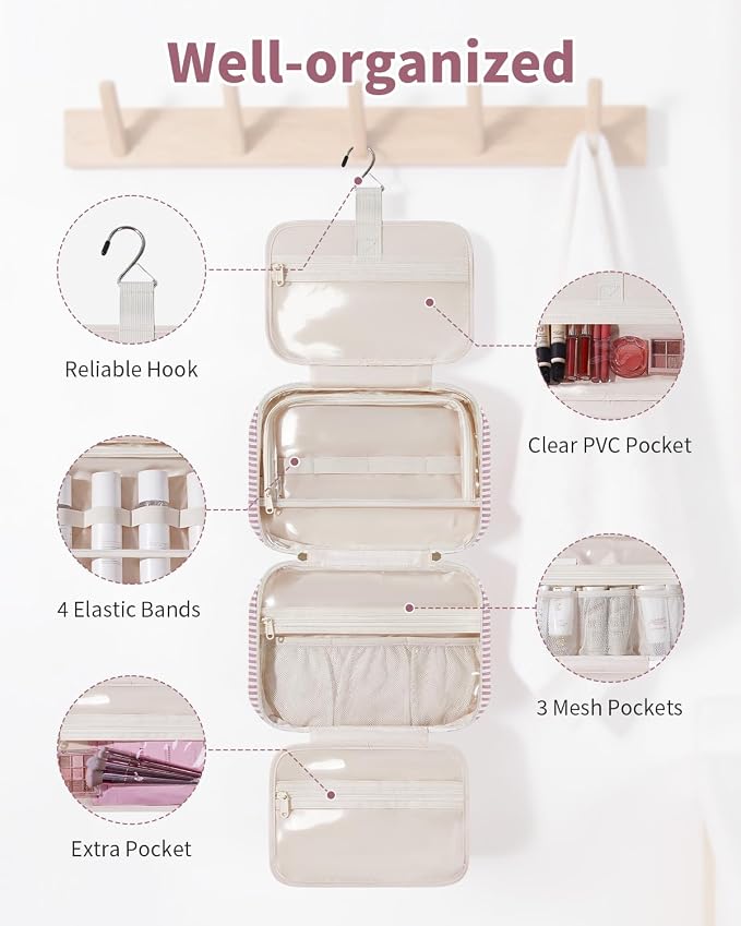 Narwey Striped Hanging Travel Toiletry Bag, Makeup Bag Organizer Make up Toiletries Bags for Full Size Essentials, Accessories, Brushes, Cosmetics (Dusty Pink Stripe, Large) - Image 3