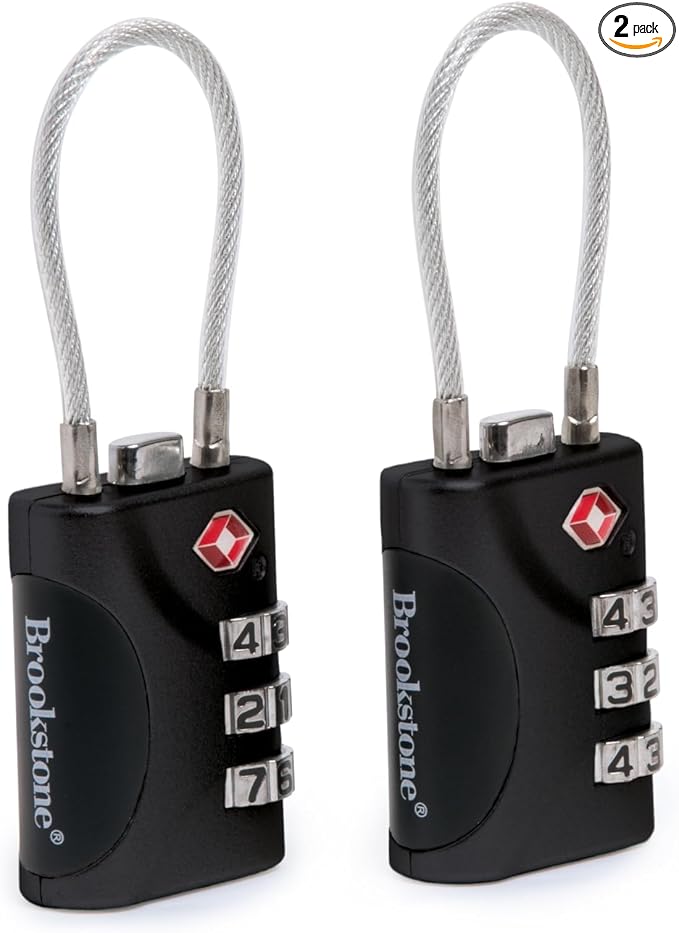 Brookstone Cable Luggage Locks, 2 Pack, TSA Approved, Resettable | 3-Digit Combination Lets You Set Your Own Code, Slim Design Threads Through Zippers or Straps, Great for Bags by Brookstone