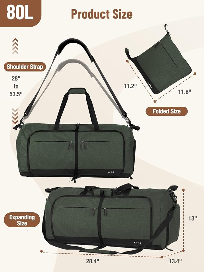 Lekesky Foldable Travel Duffel Bag for Women, 80L Large Duffle Bag with Separate Shoes Compartments & Straps, Carry On Weekend Bag for Women, Hospital, Overnight(Green) - Image 3