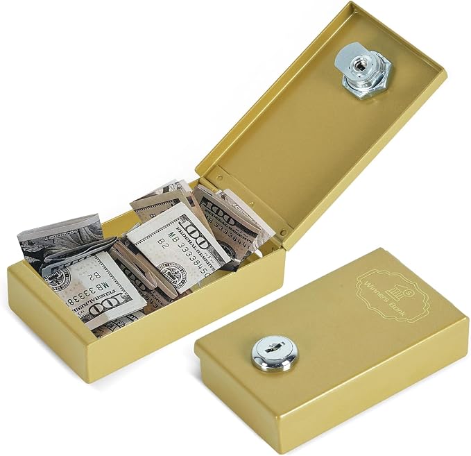 Metal Box for Gambler - Winners Bank Portable Safe Casino Money Pocket Sized Cash Box with Key Go Home Money - Golden by Meudid