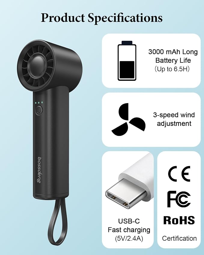 Portable Fan with Power Bank & Flashlight-Black | 6.5H Max Cooling,USB-C Rechargeable,Mini Fan for Outdoor/Travel/Beach/Concerts/Summer.Gifts for Girl,Women. - Image 8