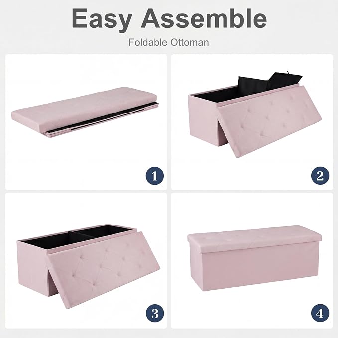 DUMOS 43 Inch Folding Storage Ottoman Bench, Large Ottoman with Storage | Storage Chest with Thicker Foam Padded Seat, End of Bed Foot Rest Stool for Bedroom Living Room Entryway, Load 660 lbs, Pink - Image 7
