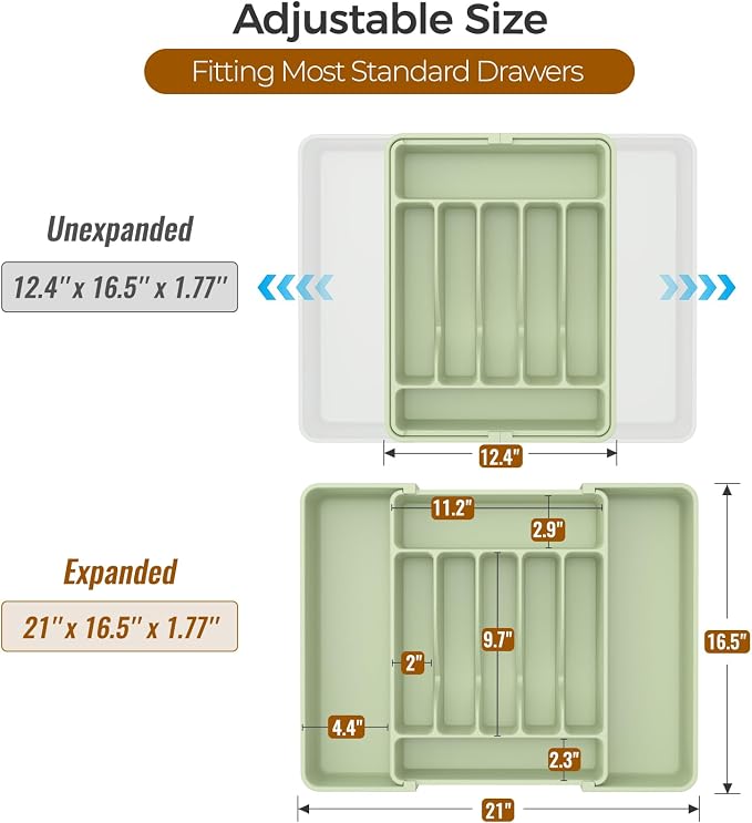 ukeetap Extra Large Expandable Silverware Organizer, Flatware Tray, Green | BPA-Free Food-Safe Kitchen Utensil Cutlery Drawer Organizer, Adjustable Silverware Holder for Spoons Forks Knives - Image 3