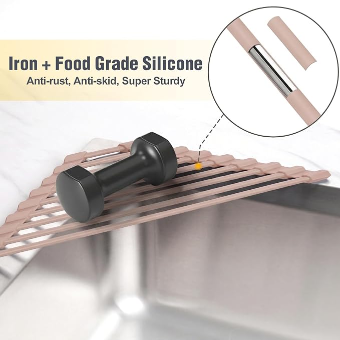 Tomorotec Roll Up Dish Drying Rack with Silicone Coating, Light Coffee | 304 Stainless Steel with BPA-Free Silicone, Triangle Design Maximizes Sink Corner Space, Fits Compact Kitchens And RVs - Image 3