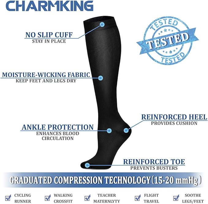 CHARMKING Compression Socks for Women & Men Circulation (8 Pairs) 15-20 mmHg Best Calf Socks Support for Athletic Cycling - Image 4