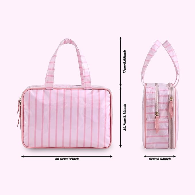Toiletry Bag for Women, Pink Stripe | Clear Coated,Waterproof,Multiple Compartment,Open Flat,Handle,Travel Organizer for Shampoo,Conditioner,Cosmetic Accessories - Image 4