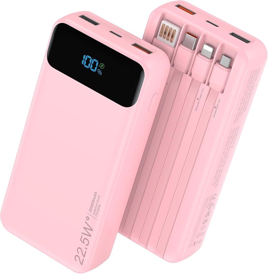 Nusyddy Portable Charger 20000mAh 22.5W w/4 Built-in Cables/6 Outputs Pink | 22.5W Fast Charging, LED Display, Pass Through Charging, Charge 6 Devices at once, TSA Approved, Fits iPhone, iPad, Samsung by NUSYDDY
