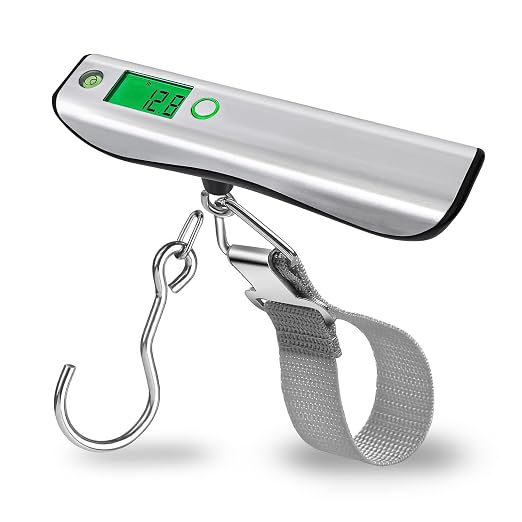 110lb Digital Luggage Scale with Overweight Alert for Air Travel | Bubble Level, 3 ft Tape Measure, Backlit LCD Display, Portable Handheld Hanging Scale for Travel, Fishing, Hunting, Home Use by VOPOCO