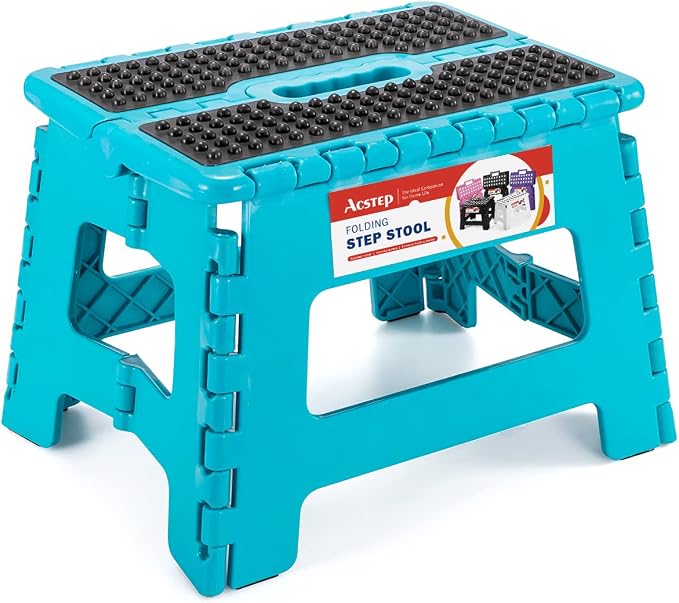 Folding Step Stool 9 Inch, Non-Slip Surface Stool for Kids, Dot Blue | Heavy Duty Foldable Stools, Lightweight, Holds 300 lb, for Toddler Kitchen Bathroom Bedroom Outdoor, Collapsible with Handle by ACSTEP