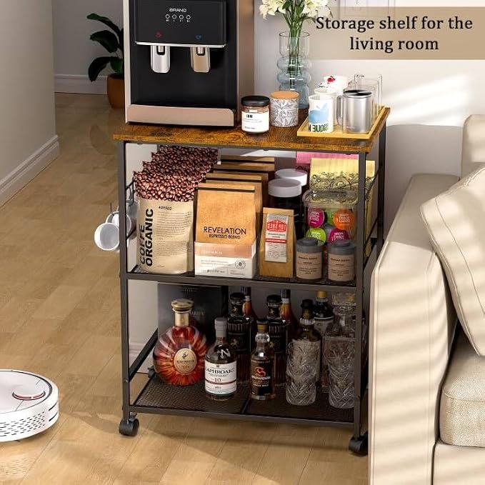 ThreeHio Rolling Kitchen Microwave Cart, 3 Tier Microwave Table Stand with Storage, Kitchen Utility Cart on Lockable Wheels, Small Coffee Cart Shelf Rack Organizer for Living Room Office, Balcony - Image 4