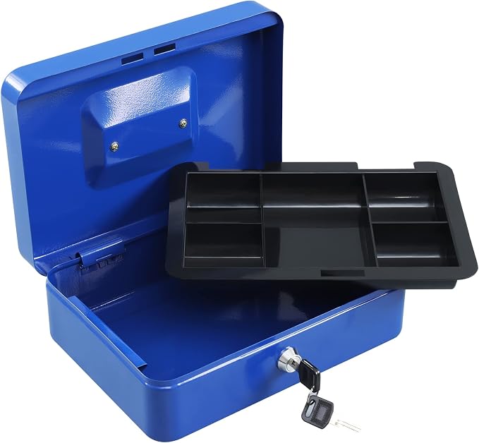 xydled Large Cash Box with Lock, Removable Coin Tray, Steel Money Box, Blue | Steel Cash Box with Key Lock, Removable Tray & Carry Handle, for Office, Retail, Home, and Money Storage, 9.8"x 7.8"x 3.5" - Image 2