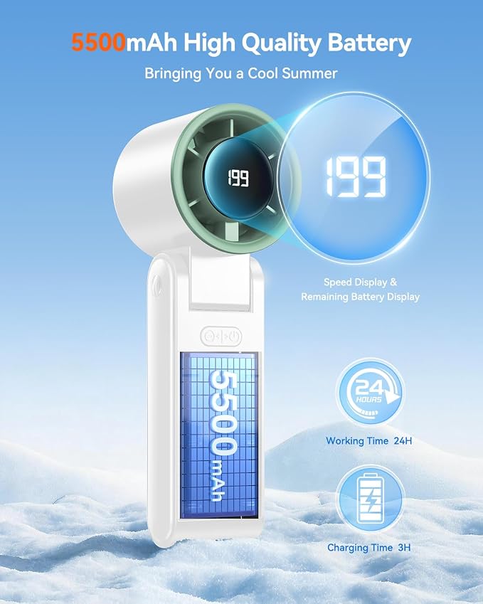 Portable Handheld Turbo Fan, 199 Gear Speed, 24 Hs Cooling Time, 5500mAh Rechargeable Mini Personal Hand Fan, Foldable Design, Travel Essentials, Beach Vacation, Gifts for Women, Men,White - Image 3