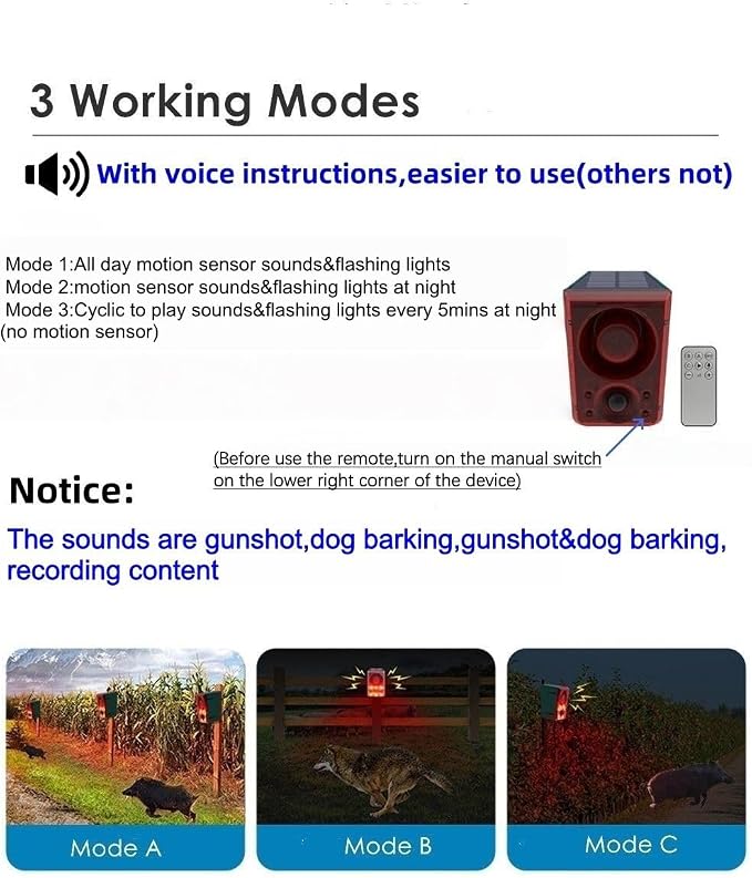 HULPPRE Solar Outdoor Motion Sensor Alarm,Dog Barking and Gunshot Sound | Support Recording,Adjust Volume,130db Loud Noise Maker,3 Work Modes Strobe Light with USB,Say Goodbye to The Intruders - Image 4
