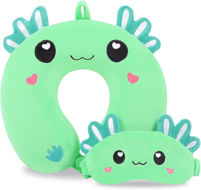 Travel Pillow, Kids Travel Pillow with Sleep Eye Mask Soft Memory Foam Kids Neck Pillow for Boys & Girls, Travel Accessories for Car Airplane Traveling - Green Axolotl by MissSoul