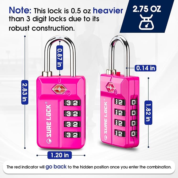 SURE LOCK TSA-Approved 4-Digit Resettable Combination Lock with Open Alert, Easy-Read Dials - for Luggage, School Lockers, Gym, Office, Toolbox & Security Cases (Pink 4 Pack) - Image 7