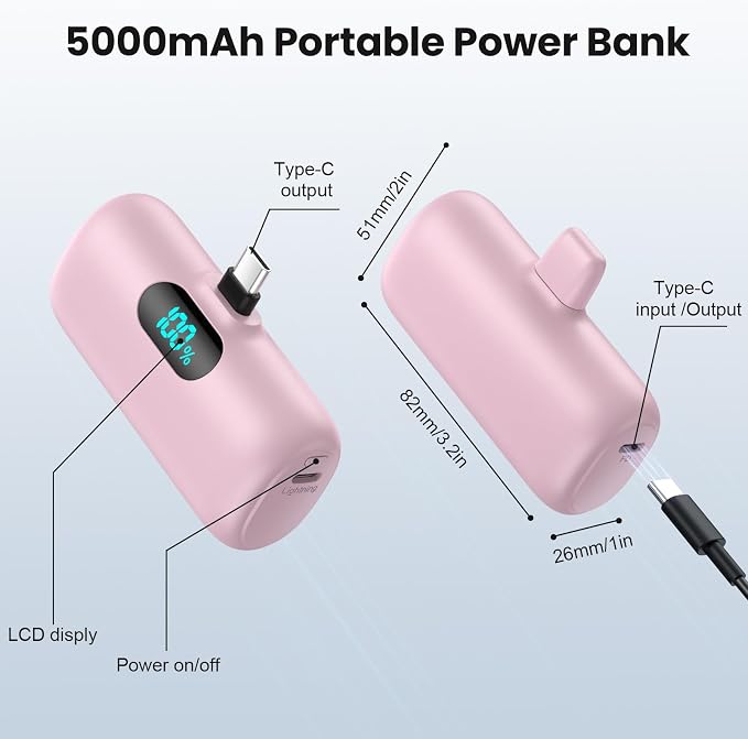 [2-Pack] Mini Portable Charger USB C Power Bank,Upgraded 5000mAh PD Fast Charging Battery Pack Built-in USB-C Connector Travel Essential for iPhone17/17Pro/17Pro Max/Air/16 Plus/16Pro Max/15 Series - Image 5