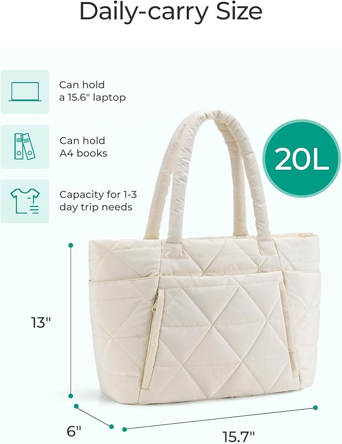BAGSMART Tote Bag for Women, Puffer Tote Bag with Zipper, Large Quilted Shoulder Bag with Compartments for Travel, Work, Gym - Image 3