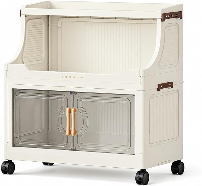 2 Tier Stackable Storage Bins with Lids & Wheels | PP construction with open top storage, clear doors and lockable wheels for kitchens, bathrooms, pantries and apartments. by FoldTrend