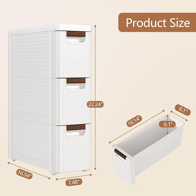 VECELO 3-Drawer Narrow Bathroom Storage Cabinet, Mobile Plastic Slim Rolling Organizer Cart with Built-in 4 Wheels for Living Room, Kitchen, Bathroom, Bedroom, Office, White(16.5" x 7.5" x 22.2") - Image 4