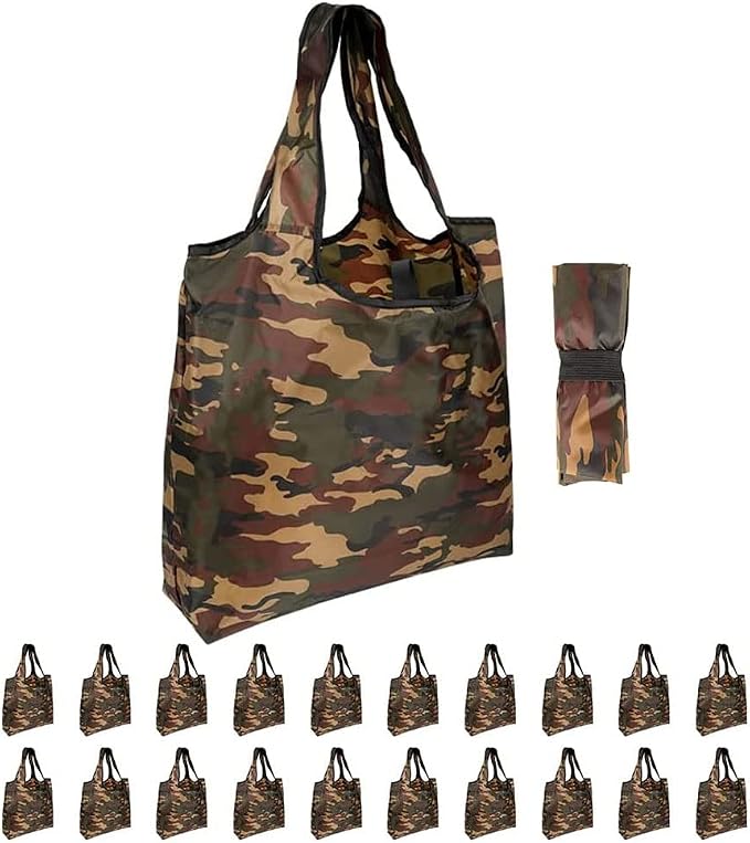 Aricsen 15x4.5x15 Inch Camo Reusable Shopping Bags with Handles, 20 Pack | Polyster Fabric Cloth Grocery Bags, Foldable Pocket Tote, Xlarge, Durable, Machine Washable, for grocery, storage, gifts by Aricsen