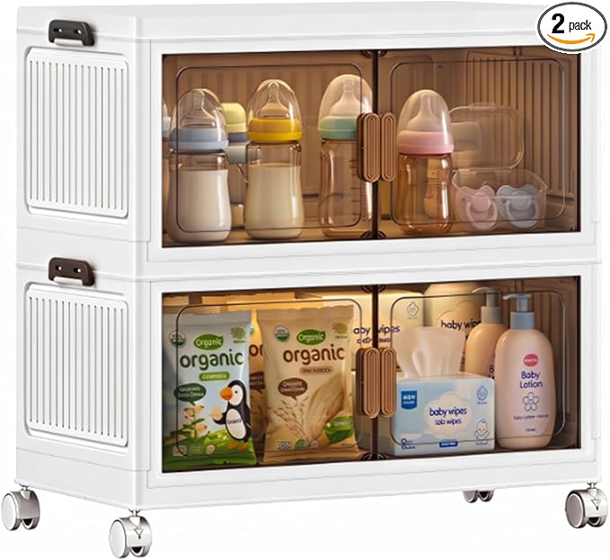 48QT Stackable Storage Bins With Lids, Collapsible Plastic Storage Bins with Wheels and Doors, Foldable Plastic Cabinets for Bedroom Dorm Garage Office Kitchen, 2 Pack by Unknown
