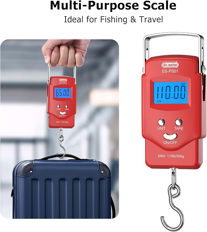 Dr.meter Fish Scale, 110 lb Digital Luggage Scale with Tape | 110 lb Capacity, Backlit LCD, Built-In Tape, Includes 2 AAA Batteries, Compact Pocket Size - Image 4