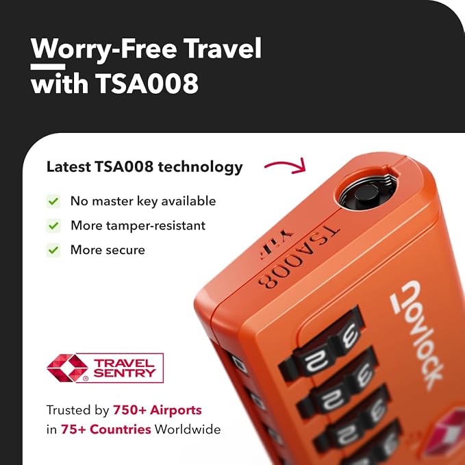 TSA Approved Luggage Locks, Travel Locks with Inspection Indicator | TSA008, Easy to Read Dials, 4 Digit Combination, Flexible Steel Cable, for Suitcases, Backpacks, Bags, 4-Pack, Orange - Image 6