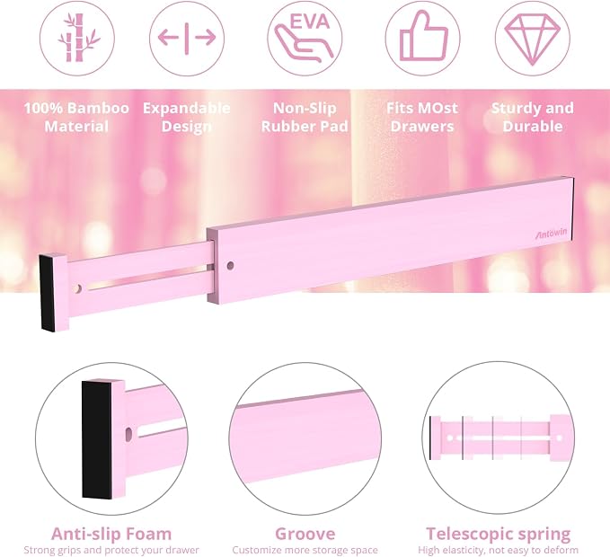 Expandable Bamboo Drawer Dividers Organizers, Drawer Separators Splitter, 17-22 inches Long Adjustable Spring-loaded Organizer for Large Utensil, Clothes, Tools(Pink) - Image 2
