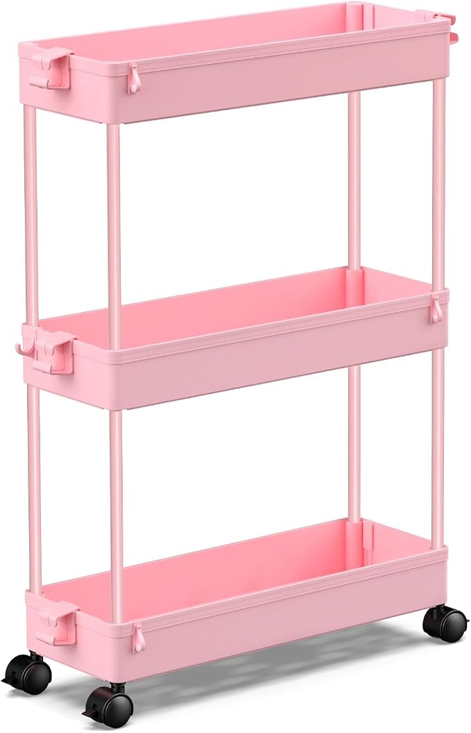 SPACEKEEPER Slim Rolling Storage Cart, 3 Tier Bathroom Cart Organizer, Pink | Narrow Rolling Cart with Wheels for Kitchen Office Bathroom Laundry Room,Mobile Utility Cart for Craft Art Makeup Nail Polish by SPACEKEEPER