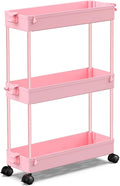 SPACEKEEPER Slim Rolling Storage Cart, 3 Tier Bathroom Cart Organizer, Pink | Narrow Rolling Cart with Wheels for Kitchen Office Bathroom Laundry Room,Mobile Utility Cart for Craft Art Makeup Nail Polish by SPACEKEEPER
