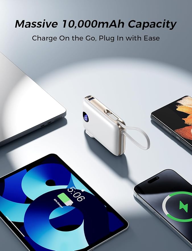 Portable Charger Power Bank 10000mAh,Built-in Cables & AC Plug | Built-in Cables & AC Plug, 22.5W Fast Charging, 4-Device Charging, Travel Essential, for iPhone, iPad & Samsung Galaxy, White - Image 5