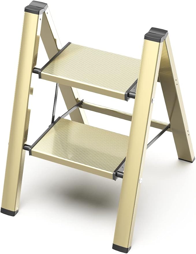 2 Step Ladder, Folding Step Stool with Anti-Slip Wide Pedal | Lightweight, Aluminum Material, 330LBS Load, Portable, Easy Storage, Space Saving, for Kitchen, Bedroom Use, Gold by GameGem