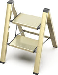 2 Step Ladder, Folding Step Stool with Anti-Slip Wide Pedal | Lightweight, Aluminum Material, 330LBS Load, Portable, Easy Storage, Space Saving, for Kitchen, Bedroom Use, Gold by GameGem