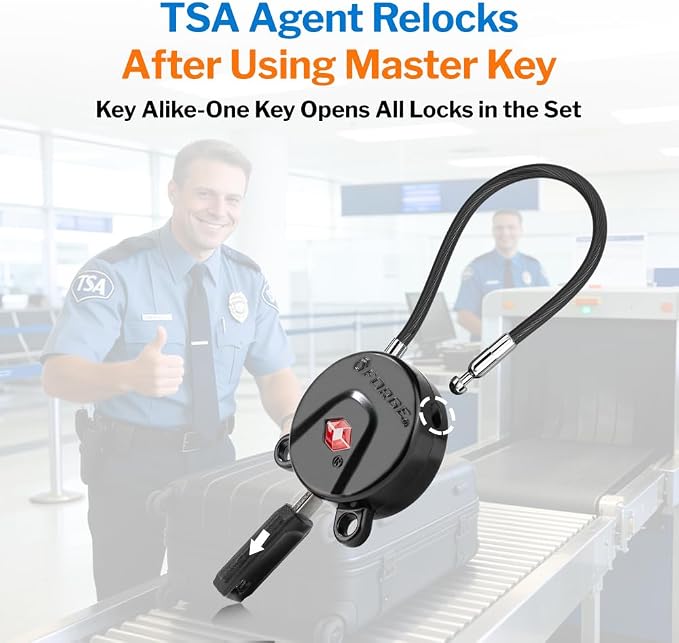 FORGE TSA Approved Luggage Locks Keyed Alike, TSA006 Dimple Key Cable Locks for Luggage, All Metal Zinc Alloy Travel Padlock for Luggage, Suitcase, Backpack, Gym Bags & Toolbox, Black 4 Cable Locks - Image 3
