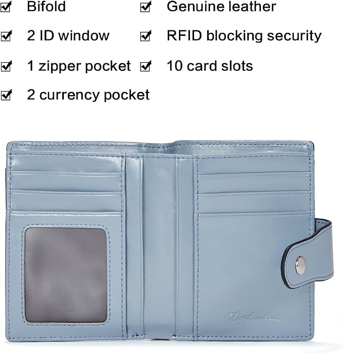 BOSTANTEN Leather Womens Wallet Small RFID Blocking Credit Card Holder | Removable ID Window, Zipper Coin Pocket, Bifold, Minimalist, Fits Small Purses, Daily Use, Ladies Gifts, Blue - Image 7