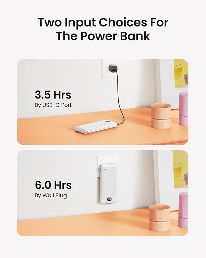 Portable Charger with Wall Plug, Slim USB C Power Bank with Built-in Cables, 10000mah LED Display External Battery Pack Compatible with iPhone/Android & More(White) - Image 3