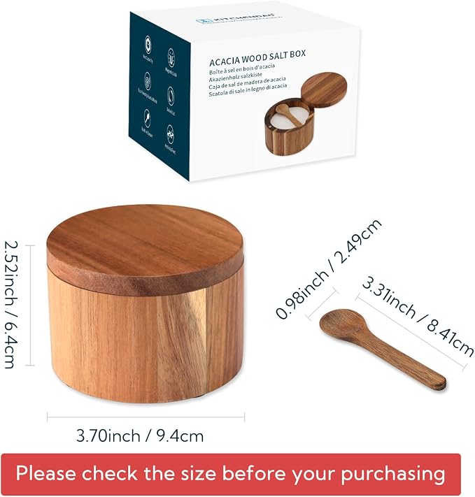KITCHENDAO Acacia Wood Salt Cellar Bowl Box with Built-in Spoon to avoid Dust, Elegant Kitchen Salt Container Holder with Swivel Magnetic Lid to Storage Pepper Spice Bath Salt Sea Salt, 6OZ - Image 3