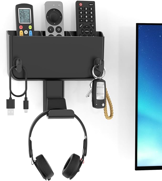Kytok Adhesive Remote Control Holder Wall Mount with Headset Hanger, 3 in 1 Organizer TV/Fan Remote Caddy with Hook for Headphone, No Drill Controller Storage Bracket, Bed Wall Rack by Kytok