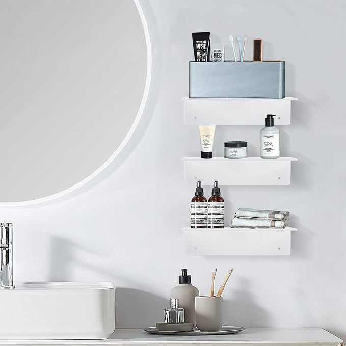 9 Inch Acrylic Floating Shelf No Drill Adhesive Wall Shelf Set of 4 for Funko Pop Storage, Floating Shelves Damage-Free Expand Wall Space for Living Room, Bathroom, Gaming Room, Office - White - Image 6