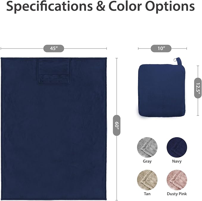 DEZ FURNISHINGS 4-in-1 Travel Compact Blanket Pillow Super Soft Velvet with Luggage Sleeve and Backpack Clip, Navy, 60" W x 45" H - Image 3