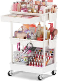 Goovilla Rolling Makeup Organizer Cart with Removable Drawer, 3 Tier White | Stable Floor Skincare Storage Cart for Vanity, Cosmetic Display, Nail Polish, Perfume, Hair Stuff, Beauty, Bathroom(Plastic) by Goovilla