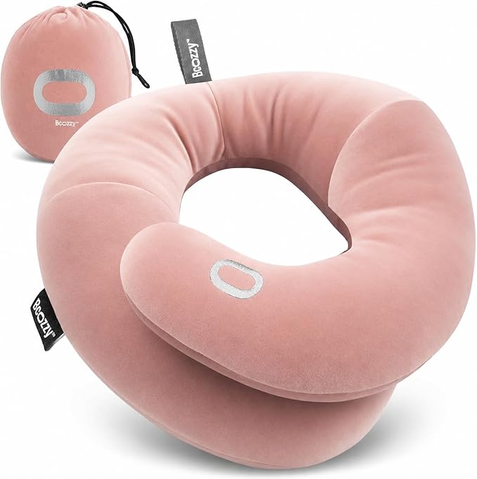 BCOZZY Travel Neck Pillow for Airplane– Patented Double Support for Head, Neck, and Chin. Best for Long Flights, Plane Sleeping, and Car Rides. Adjustable Size. Fully Washable. Carry Bag. Large, Nude by BCOZZY