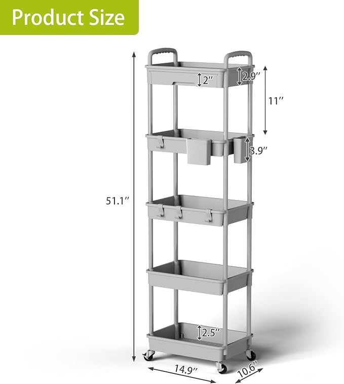 Sorgion 5 Tier Rolling Cart Organizer,Bathroom Cart Organizers with Wheels Laundry Room Organization Mobile Shelving Unit Utility Cart Storage Shelves Multi-Functional for Office, Home(Grey) - Image 3