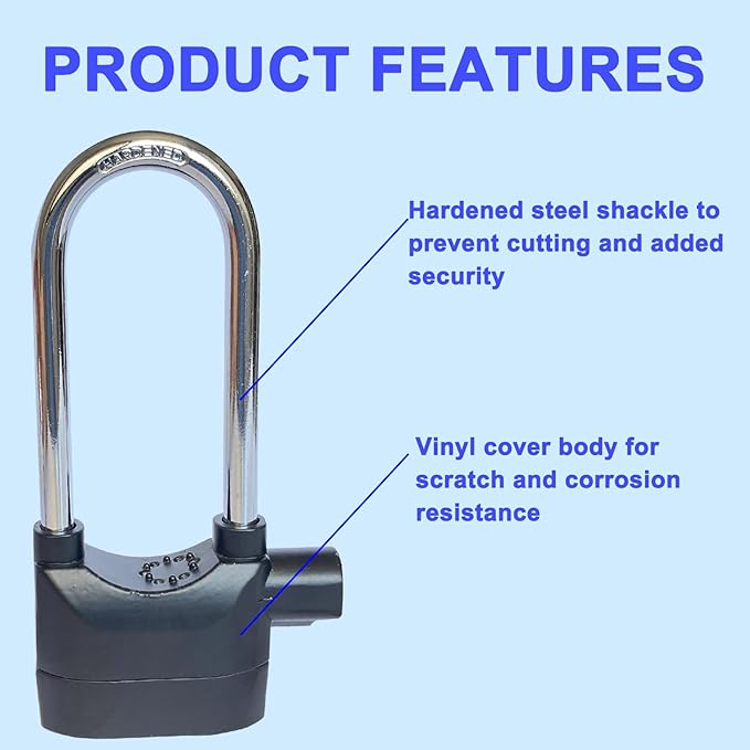 Long Cross-Beam Alarm Lock 110dba Universal Security Alarm Lock System Anti-Theft for Door Motor Bicycle Padlock with 3 Keys (1PCS) - Image 5