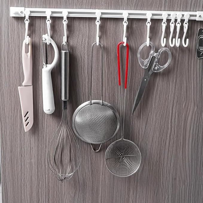 Sliding Rail Hook Rack – 30cm Adhesive Hook Bar for Kitchen, Bathroom, or Over-The-Door Storage – No-Drill Wall Mounted Hanger with Movable Hooks – Space-Saving Organizer Strip by MIXNEX