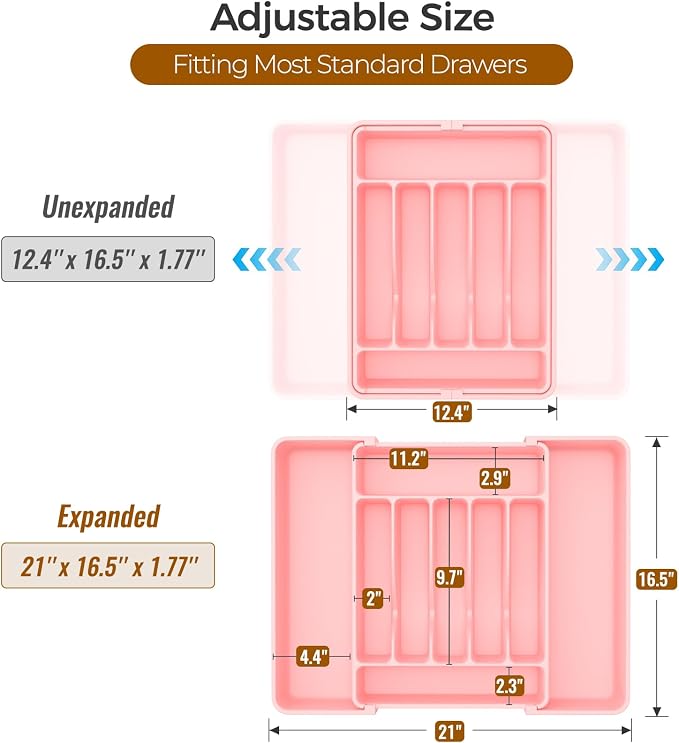 ukeetap Extra Large Expandable Silverware Organizer, Flatware Tray, Pink | BPA-Free Food-Safe Kitchen Utensil Cutlery Drawer Organizer, Adjustable Silverware Holder for Spoons Forks Knives - Image 3