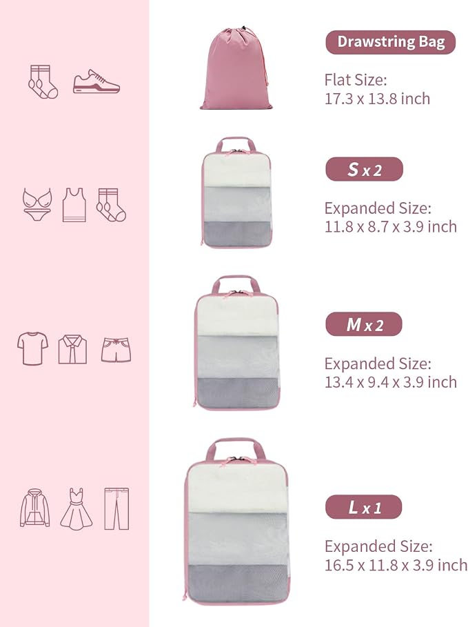 ECOHUB 6 Set Compression Packing Cubes, Gifts for Women Mom, Lightweight Vacation Travel Essentials Accessories for Suitcase Luggage Organizer Bags Set with YKK Zippers Shoe Bag, Pink - Image 4